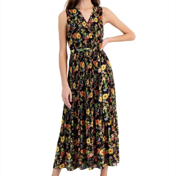 NWT Tahari Sunray Garden Sunflower Print Sleeveless V-Neck Plisse Maxi Dress XS - Picture 1 of 9